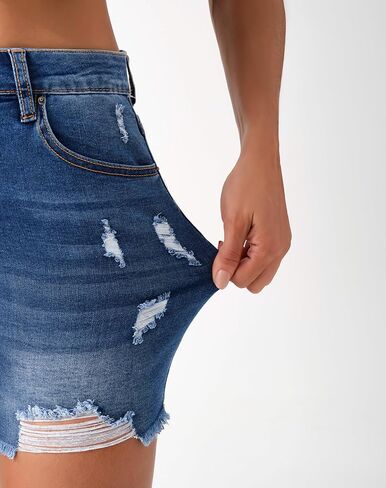 شورت جينز نسائي عالي الخصر من roswear مكون من قطعتين - شورت جينز ممزق باللونين الأزرق والأسود مع مقاس مطاطي L in Kuwait