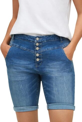 ellos Plus Size Mid-Rise Button-Front Stretch Denim Shorts in Kuwait