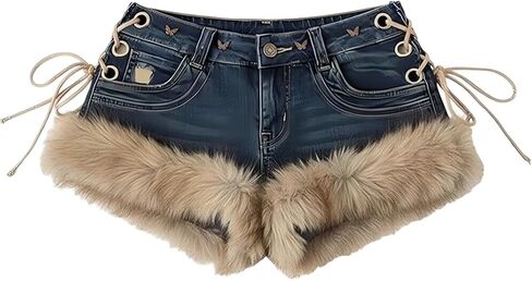 Women Retro Denim Shorts Y2K Low Waist Lace Up Fur Splicing Jean Shorts with Pockets in Kuwait