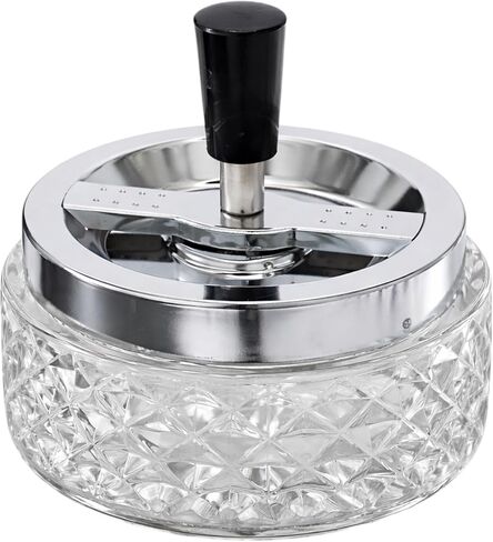 Glass Spinning Ashtray 4.75 Inch – Vintage Crystal Cut Windproof Push Down Ash Tray with Removable Stainless Steel Lid – Heavy Clear Tabletop Lounge Ashtray for Indoor Outdoor Use in Saudi Arabia