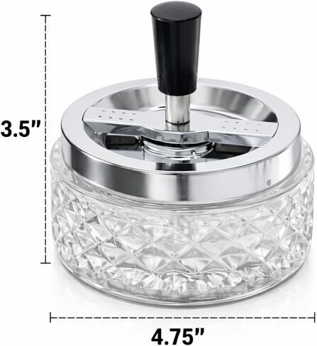 Glass Spinning Ashtray 4.75 Inch – Vintage Crystal Cut Windproof Push Down Ash Tray with Removable Stainless Steel Lid – Heavy Clear Tabletop Lounge Ashtray for Indoor Outdoor Use in Saudi Arabia