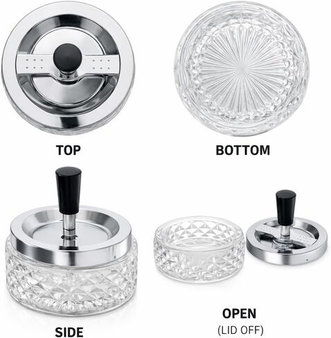 Glass Spinning Ashtray 4.75 Inch – Vintage Crystal Cut Windproof Push Down Ash Tray with Removable Stainless Steel Lid – Heavy Clear Tabletop Lounge Ashtray for Indoor Outdoor Use in Saudi Arabia