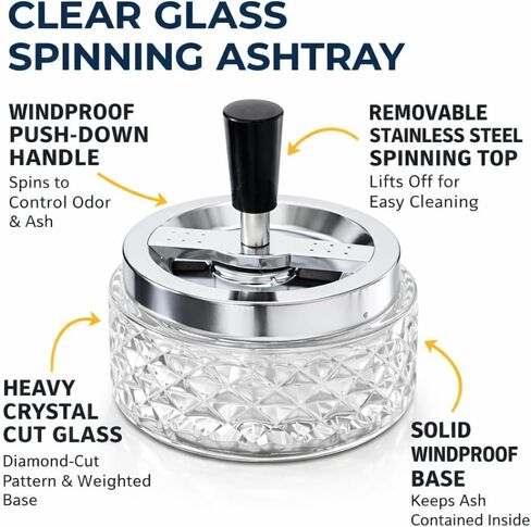 Glass Spinning Ashtray 4.75 Inch – Vintage Crystal Cut Windproof Push Down Ash Tray with Removable Stainless Steel Lid – Heavy Clear Tabletop Lounge Ashtray for Indoor Outdoor Use in Saudi Arabia