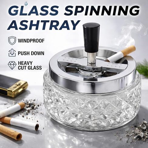 Glass Spinning Ashtray 4.75 Inch – Vintage Crystal Cut Windproof Push Down Ash Tray with Removable Stainless Steel Lid – Heavy Clear Tabletop Lounge Ashtray for Indoor Outdoor Use in Saudi Arabia
