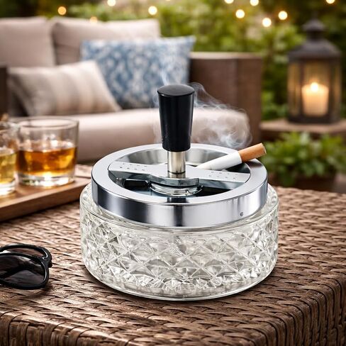 Glass Spinning Ashtray 4.75 Inch – Vintage Crystal Cut Windproof Push Down Ash Tray with Removable Stainless Steel Lid – Heavy Clear Tabletop Lounge Ashtray for Indoor Outdoor Use in Saudi Arabia