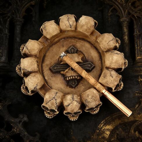 Gothic Skull Ashtray Resin Skull Rim Vintage Beige Finish, Cigarette Holder for Home, Man Cave and Bar Halloween Decor, Black in Kuwait