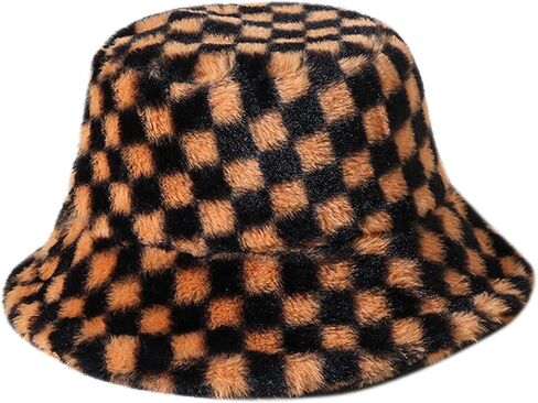 Womens Winter Fluffy Bucket Hat Checkered Pattern,Winter Faux Fur Bucket Hat Fluffy Warm Hat for Women Men in Saudi Arabia
