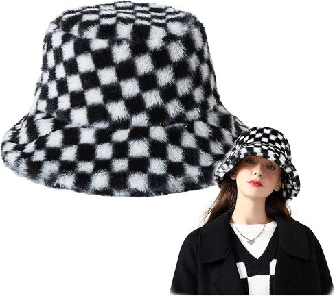 Womens Winter Fluffy Bucket Hat Checkered Pattern,Winter Faux Fur Bucket Hat Fluffy Warm Hat for Women Men in Saudi Arabia