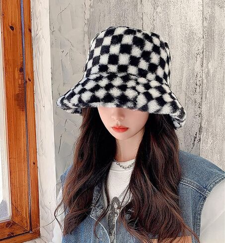 Womens Winter Fluffy Bucket Hat Checkered Pattern,Winter Faux Fur Bucket Hat Fluffy Warm Hat for Women Men in Saudi Arabia