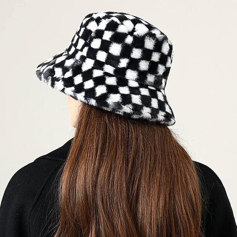 Womens Winter Fluffy Bucket Hat Checkered Pattern,Winter Faux Fur Bucket Hat Fluffy Warm Hat for Women Men in Saudi Arabia