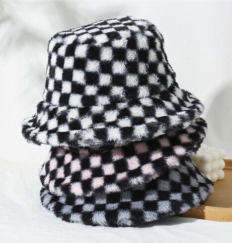 Womens Winter Fluffy Bucket Hat Checkered Pattern,Winter Faux Fur Bucket Hat Fluffy Warm Hat for Women Men in Saudi Arabia