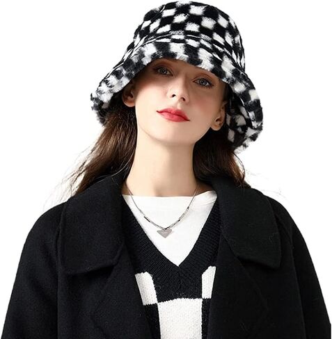 Womens Winter Fluffy Bucket Hat Checkered Pattern,Winter Faux Fur Bucket Hat Fluffy Warm Hat for Women Men in Saudi Arabia