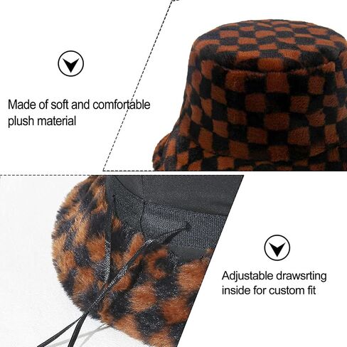Womens Winter Fluffy Bucket Hat Checkered Pattern,Winter Faux Fur Bucket Hat Fluffy Warm Hat for Women Men in Saudi Arabia