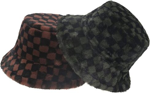 Womens Winter Fluffy Bucket Hat Checkered Pattern,Winter Faux Fur Bucket Hat Fluffy Warm Hat for Women Men in Saudi Arabia