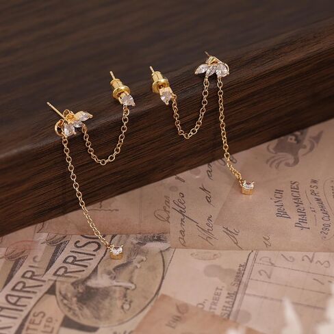 Chain Earrings for Women – Dainty Gold Earrings 14K Gold Plated Leaf Clover Double Piercing Earrings Hypoallergenic Drop Dangle Earrings for Women Trendy Wedding Prom Jewelry Gifts in Kuwait