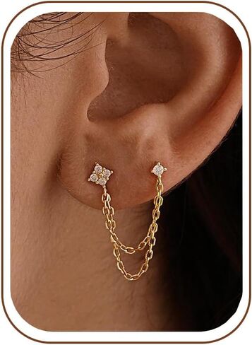 Chain Earrings for Women – Dainty Gold Earrings 14K Gold Plated Leaf Clover Double Piercing Earrings Hypoallergenic Drop Dangle Earrings for Women Trendy Wedding Prom Jewelry Gifts in Kuwait