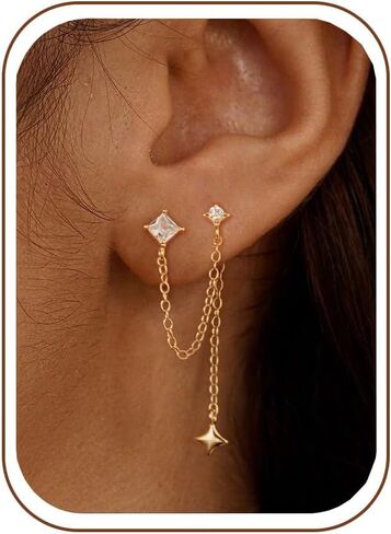 Chain Earrings for Women – Dainty Gold Earrings 14K Gold Plated Leaf Clover Double Piercing Earrings Hypoallergenic Drop Dangle Earrings for Women Trendy Wedding Prom Jewelry Gifts in Kuwait