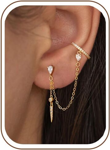 Chain Earrings for Women – Dainty Gold Earrings 14K Gold Plated Leaf Clover Double Piercing Earrings Hypoallergenic Drop Dangle Earrings for Women Trendy Wedding Prom Jewelry Gifts in Kuwait