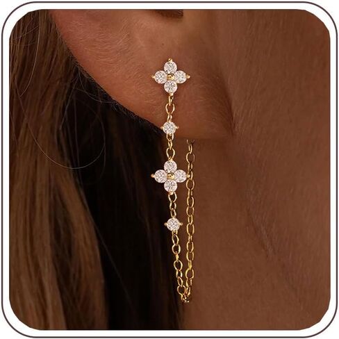 Chain Earrings for Women – Dainty Gold Earrings 14K Gold Plated Leaf Clover Double Piercing Earrings Hypoallergenic Drop Dangle Earrings for Women Trendy Wedding Prom Jewelry Gifts in Kuwait