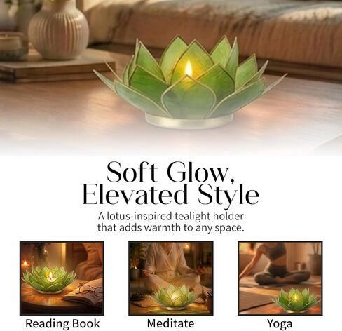 Om Gallery Gemstone Lotus Tealight Holder - Handcrafted Capiz Shell Design for Soft Glow, Elegant Home & Table Decor, Wedding Centerpieces, Votive Candle Styling, and Thoughtful Gifting - Peridot in Saudi Arabia