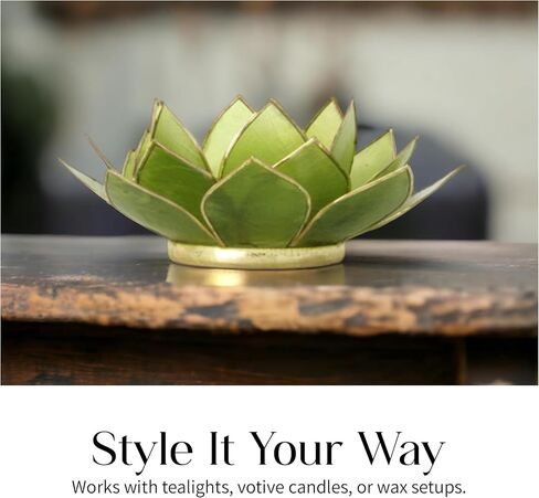 Om Gallery Gemstone Lotus Tealight Holder - Handcrafted Capiz Shell Design for Soft Glow, Elegant Home & Table Decor, Wedding Centerpieces, Votive Candle Styling, and Thoughtful Gifting - Peridot in Saudi Arabia