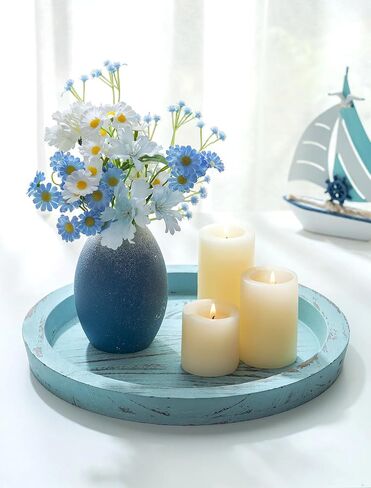 Hanobe Candle Plate Holder Tray: Blue Round Coastal Decorative Trays for Living Room Bathroom - Farmhouse Wood Beach Coffee Table Ocean Decor for Kitchen Counter Mantle Fireplace in Kuwait