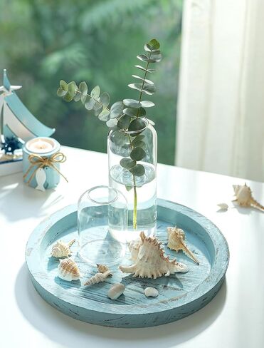 Hanobe Candle Plate Holder Tray: Blue Round Coastal Decorative Trays for Living Room Bathroom - Farmhouse Wood Beach Coffee Table Ocean Decor for Kitchen Counter Mantle Fireplace in Kuwait