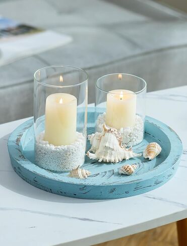 Hanobe Candle Plate Holder Tray: Blue Round Coastal Decorative Trays for Living Room Bathroom - Farmhouse Wood Beach Coffee Table Ocean Decor for Kitchen Counter Mantle Fireplace in Kuwait
