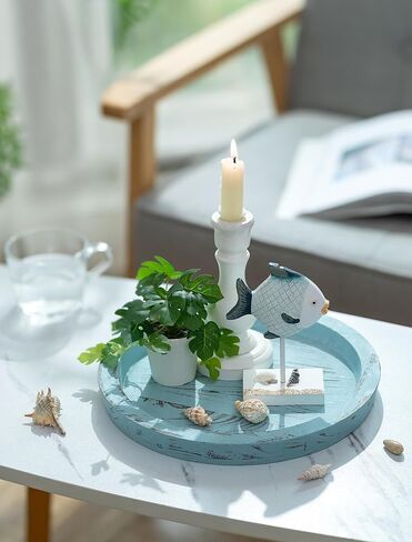 Hanobe Candle Plate Holder Tray: Blue Round Coastal Decorative Trays for Living Room Bathroom - Farmhouse Wood Beach Coffee Table Ocean Decor for Kitchen Counter Mantle Fireplace in Kuwait