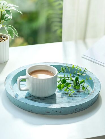 Hanobe Candle Plate Holder Tray: Blue Round Coastal Decorative Trays for Living Room Bathroom - Farmhouse Wood Beach Coffee Table Ocean Decor for Kitchen Counter Mantle Fireplace in Kuwait