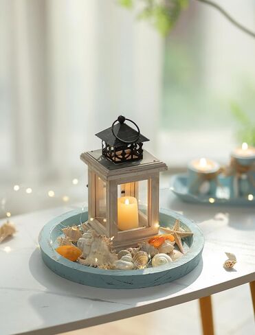 Hanobe Candle Plate Holder Tray: Blue Round Coastal Decorative Trays for Living Room Bathroom - Farmhouse Wood Beach Coffee Table Ocean Decor for Kitchen Counter Mantle Fireplace in Kuwait
