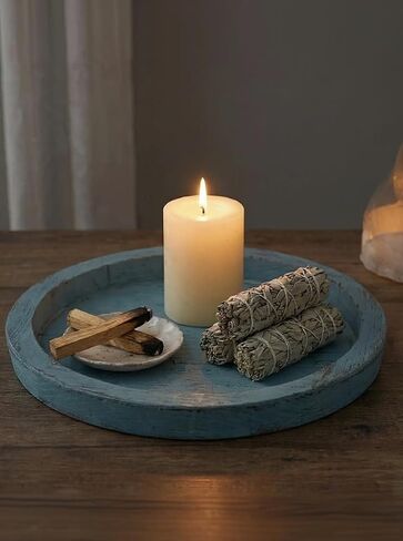 Hanobe Candle Plate Holder Tray: Blue Round Coastal Decorative Trays for Living Room Bathroom - Farmhouse Wood Beach Coffee Table Ocean Decor for Kitchen Counter Mantle Fireplace in Kuwait