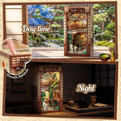 Cutefun Book Nook Kit - DIY Miniature Japanese Zen Garden Kit, 3D Wooden Puzzle Bookshelf Insert Decor Bookend with LED Light, Creative Gift for Adults, Teens & Book Lovers (Serene Courtyard) in Saudi Arabia