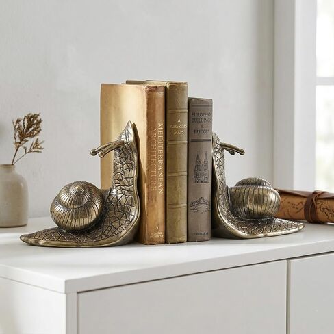 Snail Bookends in Brass-Tone Finish Set of 2 – Fun Metal Animal Bookends, Heavy & Non-Slip Holders for Bookshelf, Desk, Home & Office, for Animal Lovers in Saudi Arabia
