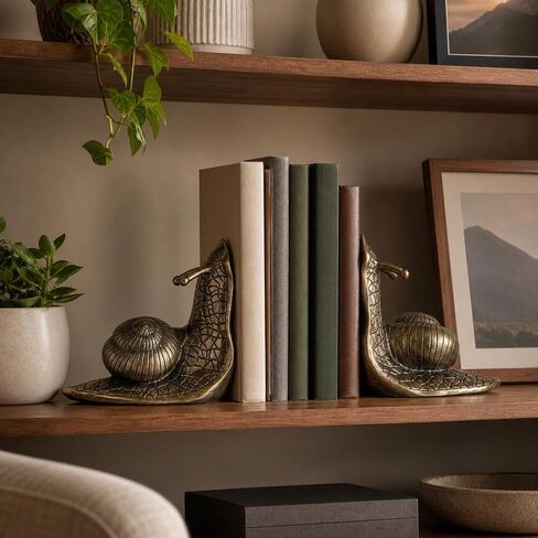 Snail Bookends in Brass-Tone Finish Set of 2 – Fun Metal Animal Bookends, Heavy & Non-Slip Holders for Bookshelf, Desk, Home & Office, for Animal Lovers in Saudi Arabia