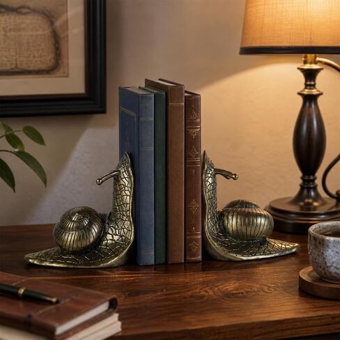 Snail Bookends in Brass-Tone Finish Set of 2 – Fun Metal Animal Bookends, Heavy & Non-Slip Holders for Bookshelf, Desk, Home & Office, for Animal Lovers in Saudi Arabia