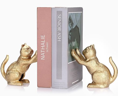 Cat Decorative Bookends for Shelf, Cute Book End Unique Book Ends to Hold Books Heavy Duty for Desk Office, Vintage Antique Gold Home Decor, Shelf Decoration, Modern Living Room Decor in Saudi Arabia
