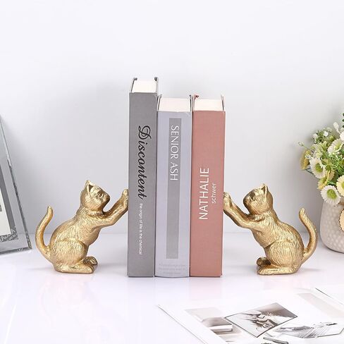 Cat Decorative Bookends for Shelf, Cute Book End Unique Book Ends to Hold Books Heavy Duty for Desk Office, Vintage Antique Gold Home Decor, Shelf Decoration, Modern Living Room Decor in Saudi Arabia