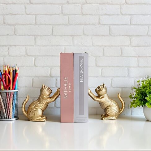 Cat Decorative Bookends for Shelf, Cute Book End Unique Book Ends to Hold Books Heavy Duty for Desk Office, Vintage Antique Gold Home Decor, Shelf Decoration, Modern Living Room Decor in Saudi Arabia