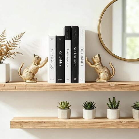 Cat Decorative Bookends for Shelf, Cute Book End Unique Book Ends to Hold Books Heavy Duty for Desk Office, Vintage Antique Gold Home Decor, Shelf Decoration, Modern Living Room Decor in Saudi Arabia