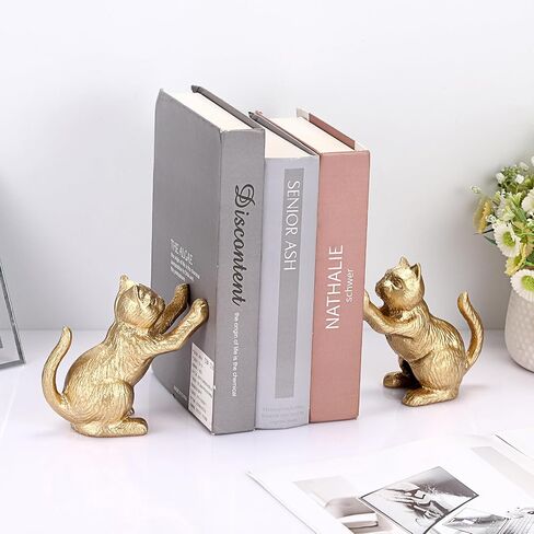 Cat Decorative Bookends for Shelf, Cute Book End Unique Book Ends to Hold Books Heavy Duty for Desk Office, Vintage Antique Gold Home Decor, Shelf Decoration, Modern Living Room Decor in Saudi Arabia