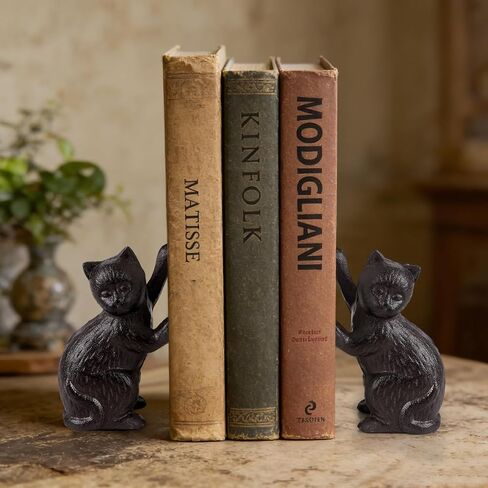 Decorative Cat Bookends, Cast Iron Kitty Book Ends, Heavy Duty Book Stopper, Vintage Antique Brown Black Home Decor, Cute Cat Statues for Shelf Decoration, 2 Pack (Black) in Saudi Arabia