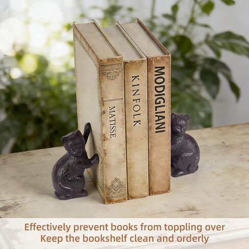 Decorative Cat Bookends, Cast Iron Kitty Book Ends, Heavy Duty Book Stopper, Vintage Antique Brown Black Home Decor, Cute Cat Statues for Shelf Decoration, 2 Pack (Black) in Saudi Arabia