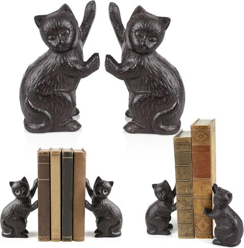 Decorative Cat Bookends, Cast Iron Kitty Book Ends, Heavy Duty Book Stopper, Vintage Antique Brown Black Home Decor, Cute Cat Statues for Shelf Decoration, 2 Pack (Black) in Saudi Arabia