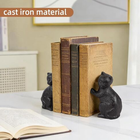 Decorative Cat Bookends, Cast Iron Kitty Book Ends, Heavy Duty Book Stopper, Vintage Antique Brown Black Home Decor, Cute Cat Statues for Shelf Decoration, 2 Pack (Black) in Saudi Arabia