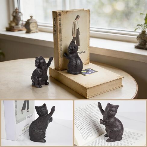 Decorative Cat Bookends, Cast Iron Kitty Book Ends, Heavy Duty Book Stopper, Vintage Antique Brown Black Home Decor, Cute Cat Statues for Shelf Decoration, 2 Pack (Black) in Saudi Arabia