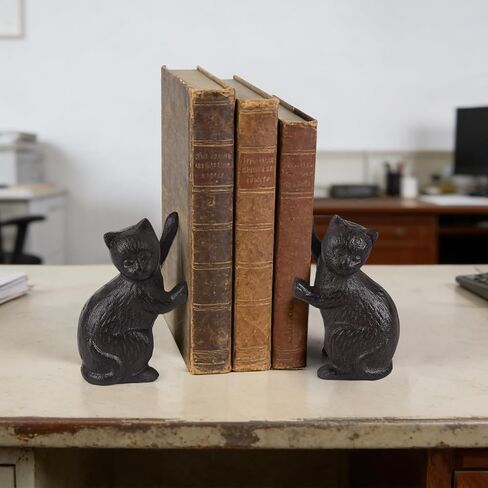 Decorative Cat Bookends, Cast Iron Kitty Book Ends, Heavy Duty Book Stopper, Vintage Antique Brown Black Home Decor, Cute Cat Statues for Shelf Decoration, 2 Pack (Black) in Saudi Arabia