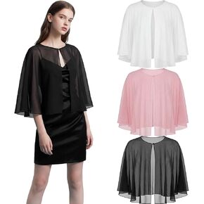 Patelai 3 Pcs Chiffon Shawl for Evening Dress Women Wraps Shrug Black Pink White Wedding Cape Capelet Bolero Flapper Cover up in Kuwait