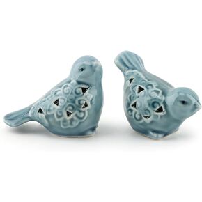 Bird Figurines Home Decor, 2 Piece Blue Glazed Ceramic Bird Statues with Flower Detail, Small Shelf Desk Decor, 3.1 x 2.5 x 1.8 in and 3.6 x 2.3 x 1.8 in in Saudi Arabia