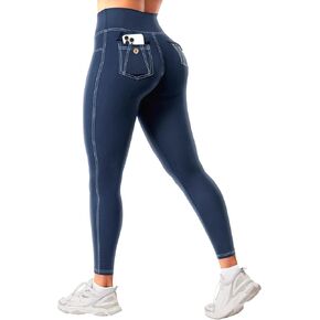 Jeggings for Women - Faux Denim Leggings with Pockets High Waisted Tummy Control Yoga Pants Butt Lifting Workout Jean Tights in Saudi Arabia